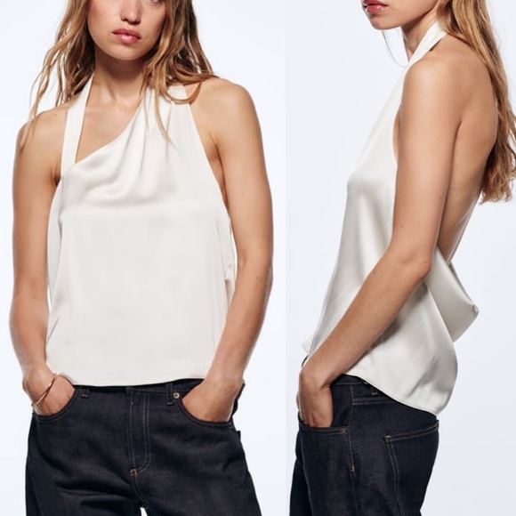 Zara NWT Asymmetrical satin white halter top with draped open back detail - Picture 1 of 9